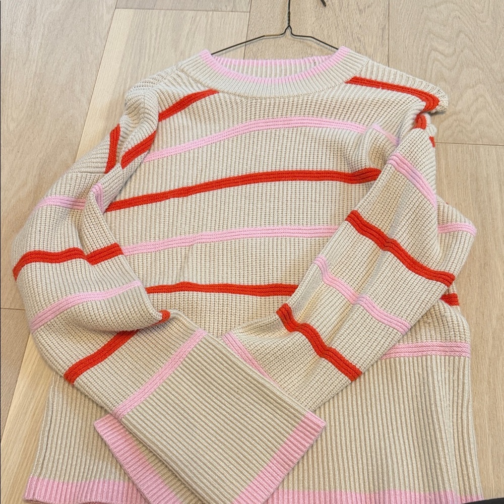 Chic Beige Striped Sweater with Red and Pink Accents